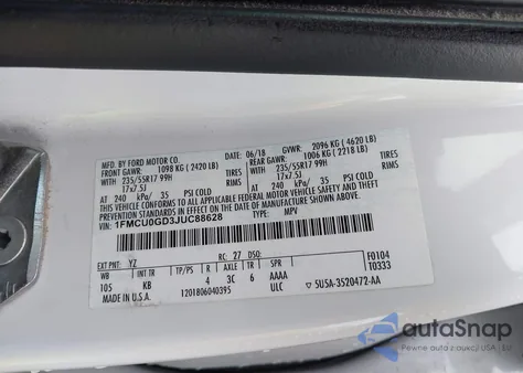 2018 Ford Escape Se from USA, damaged, VIN 1FMCU0GD3JUC88628